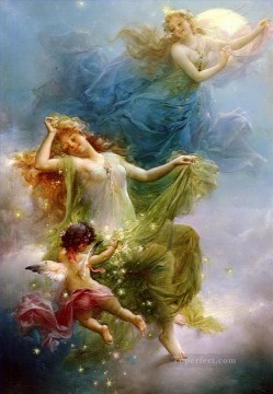 女性 Painting - 夜空の女の子と天使 ハンス・ザツカ 美しい女性 女性